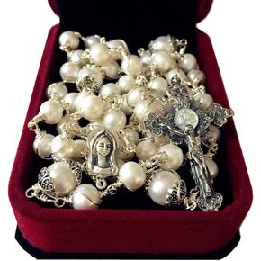 elegantmedical HANDMADE Wire Wraped Bali 925 Sterling Silver AAA+ 8-9mm Real Pearl Beads Catholic Rosary NECKLACE Cross crucifix Box