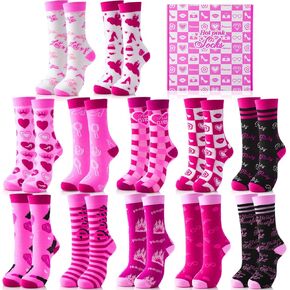 12 Pairs Hot Pink Crew Socks for Women Girl Cute Socks with Hot Pink Box Soft Cotton Dress Socks for Birthday Theme Party Gift, 12 Styles