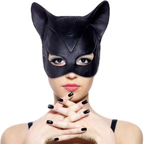 Cat Women Mask, Hot Movie Character Leather Cat Mask for Lady, Halloween Party Props Half Face Woman Cosplay Mask - Medium