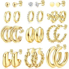 BESTEEL 12 Pairs Chunky Gold Hoop Earrings Set for Women Trendy Hypoallergenic 14K Gold Plated Thick Stainless Surgical Steel Stud Huggie Earring Stacks Pack Jewelry for Sensitive Ears