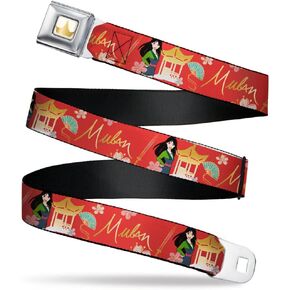 Disney Belt, Seatbelt Buckle Belt, Mulan Gazebo Pose with Flowers and Script Red Golds, Adjustable