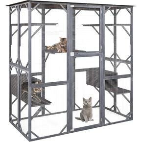 Tangkula Catio Outdoor Cat Enclosure Large, 71 Inch Outdoor Cat House Weatherproof with Asphalt Roof, Wooden Cat Cage Playpen with 7 Jumping Platforms & 2 Resting Boxes, Walk-in Cat Kennel Condo