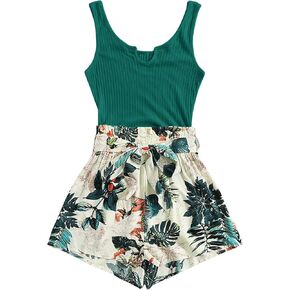SOLY HUX Women's Plus Size Tank Romper Tropical Print Sleeveless Summer Short Jumpsuits Vacation Outfits