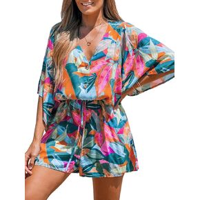 CUPSHE Women's Summer Romper Sleeveless Short Jumpsuit Romper Lace Up V Neck Wide Leg Trendy Beach Vacation Outfits