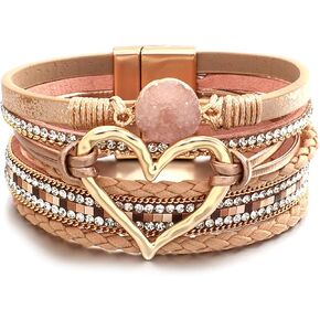 Heart Leather Wrap Bracelets for Women Boho Leather Wrap Wristband Cuff Bangle Bracelets Trendy Rhinestone Multi-Layer Bracelet Birthday Jewelry…