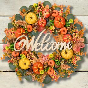 Fall Wreath Decor - Fall Wreaths for Front Door Outside, 20in Autumn Door Wreath with Pumpkin Pinecone Berry Eucalyptus Leaves for Home Window Table Wall Thanksgiving Farmhouse Decorations