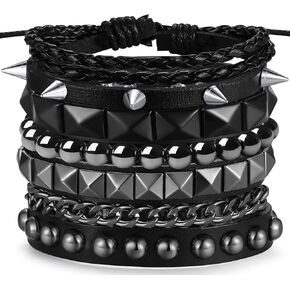 4Pcs Punk Bracelets for Men Women Leather Spike Bracelet Metal Cuff Bracelet Set Emo Bracelet Adjustable Rock Bracelet