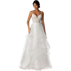 Tiered Tulle Wedding Dresses for Women Boho Style, Slip Dresses V Neck with Adjustable Strap,Sexy Beach Dresses