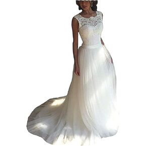 SOLOVEDRESS Women's Elegant Lace Wedding Dress A Line Tulle Beach Bridal Gowns Cap Sleeves with Train