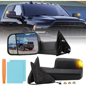 Passenger Side Mirror Compatible with 2009-2018 Dodge Ram 1500,2010-2018 Dodge Ram 2500 3500,Tow Mirrors with Power Glass Heated Turn Signal Light Puddle Lamp(Black)
