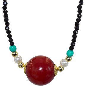 Red Agate Black Spinel Necklace for Women Red Gemstone Necklace Handmade Jewelry Red Carnelian Red Onyx Faceted Black Spinel Beads 16inch + 2inch Extension Chain , Crystal Bead Necklace for Women,