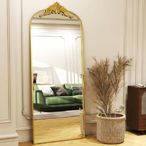 Gold Arched Full-Length Mirror with Stand, 21"x64" Baroque Vintage Body Mirror for Bathroom, Dressing Room, or Bedroom - Wall Hanging or Leaning