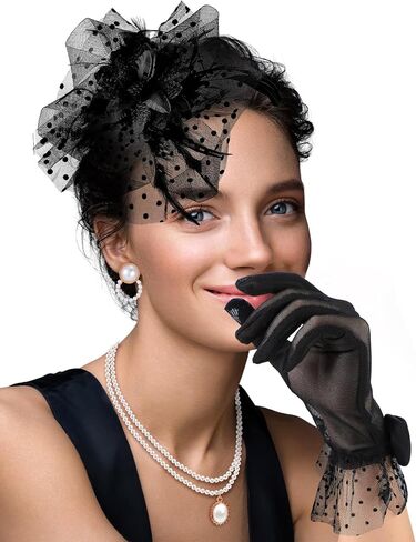 Bonuci 4 Pcs 50s Fascinator Hat for Women Black Funeral Veil Hat Tea Party Headpiece Lace Glove Pearl Necklace Earring in Saudi Arabia