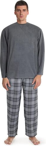 Fruit of the Loom Men’s Pajama Set With Flannel Pants & Micro Fleece Crew 2-Piece Comfortable Men’s Loungewear Set With Long Pants & T-Shirt- Soft, Warm & Breathable Sleep Set For Men Grey in Saudi Arabia