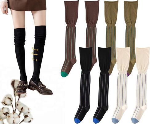 Womens Over Calf Knee High Thigh Socks Vintage Tube Striped Boot Slouch Knit Heel White Black Sock Size5-10 in Kuwait