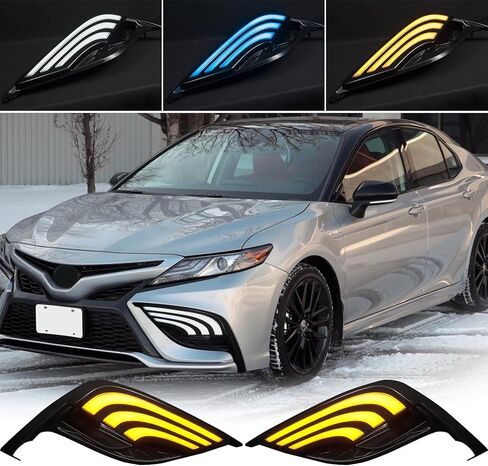 Daytime Running Lights For Toyota Camry 2021 2022 Tri-Colors DRL Front Fog Light Replacement with Amber Turn Signal / White Ice Blue LED, Black in Kuwait