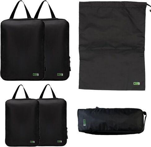 Compression Packing Cubes Travel Organizers plus Laundry or Shoe Bag with YKK Zippers (Black, 6 Piece) in Saudi Arabia