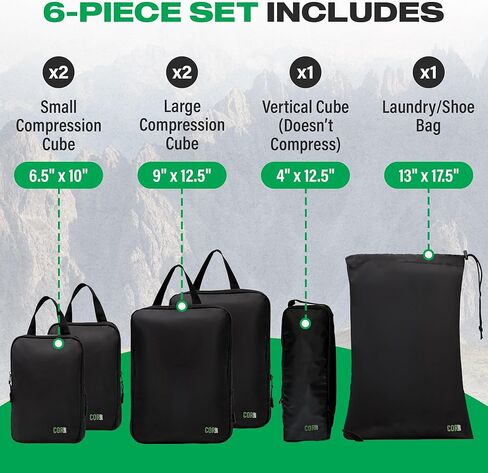 Compression Packing Cubes Travel Organizers plus Laundry or Shoe Bag with YKK Zippers (Black, 6 Piece) in Saudi Arabia