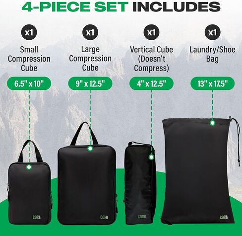 Compression Packing Cubes Travel Organizers plus Laundry or Shoe Bag with YKK Zippers (Black, 6 Piece) in Saudi Arabia