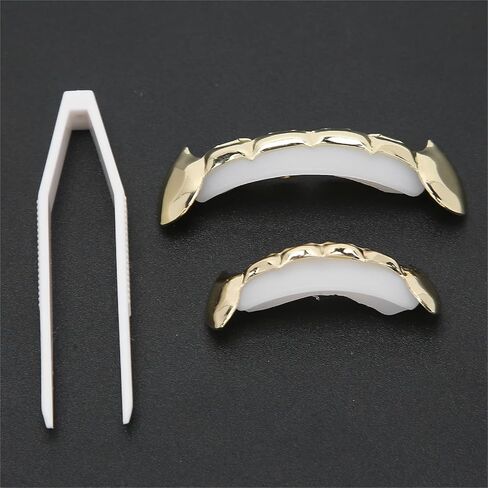 Plated Gold Grillz, Teeth Brace Decoration, Halloween Teeth with 2 Silicon Molding Bars Different 3 Colors Fake Teeth Brace for Halloween Parties/Hip Hop Fashion Shows/Music Concerts(Gold) in Saudi Arabia