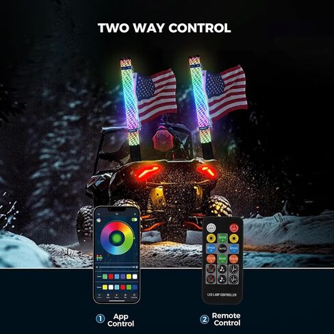 2PCS 2FT RGB LED Whip Light with Extra Stop Turn Reverse Light, Remote & App Control, DIY Chasing Patterns, Safety Antenna Lighted Whips for ATV UTV Polaris RZR Can-am, 2 Year Warranty in Kuwait
