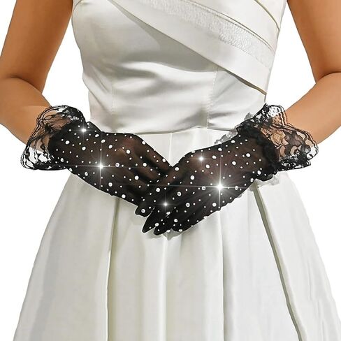 Short Lace Mesh Gloves Black Fingerless Rhinestone Bridal Gloves for Wedding Party Opera Prom Halloween in Saudi Arabia