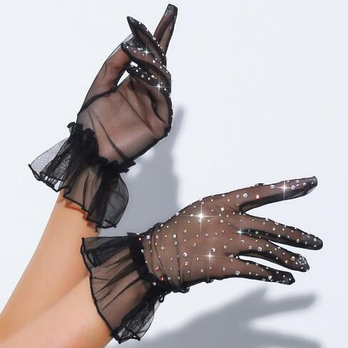 Short Lace Mesh Gloves Black Fingerless Rhinestone Bridal Gloves for Wedding Party Opera Prom Halloween in Saudi Arabia