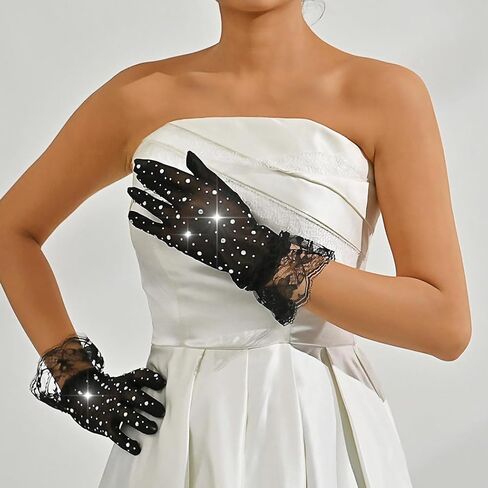 Short Lace Mesh Gloves Black Fingerless Rhinestone Bridal Gloves for Wedding Party Opera Prom Halloween in Saudi Arabia