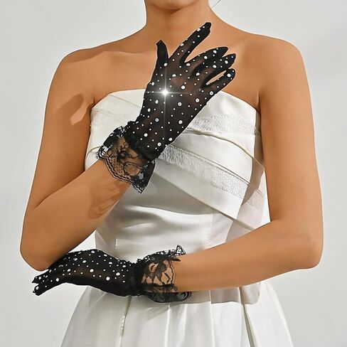 Short Lace Mesh Gloves Black Fingerless Rhinestone Bridal Gloves for Wedding Party Opera Prom Halloween in Saudi Arabia