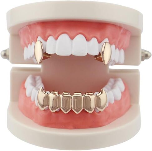 18k Gold Plated Vampire Dracula Teeth Grillz 2pc Single Fangs and 6 Bottom Grillz Set in Saudi Arabia