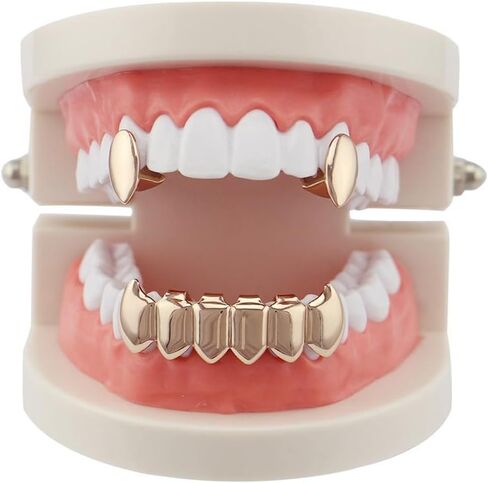 18k Gold Plated Vampire Dracula Teeth Grillz 2pc Single Fangs and 6 Bottom Grillz Set in Saudi Arabia