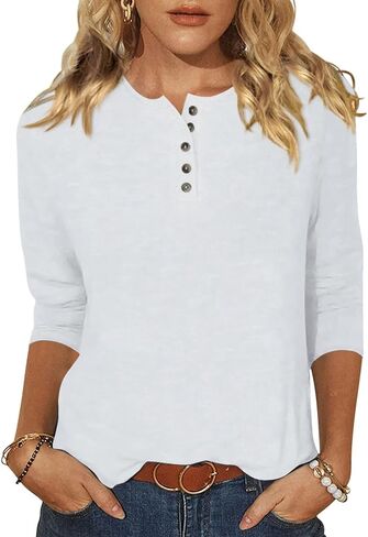 EADINVE Womens Crew Neck 3/4 Sleeve Tops Basic Button T-Shirts Solid Loose Cute Tunic Tee Blouses Fit Pullover in Saudi Arabia