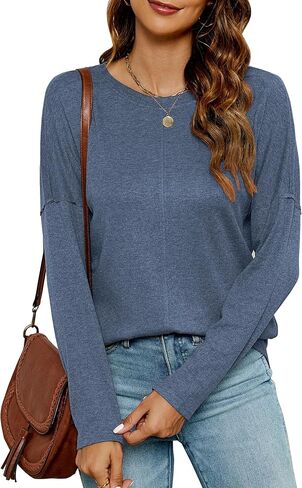 Halife Women's Long Sleeve Tunic Tops Drop Shoulder Crewneck Trendy Basic Fall Shirts in Saudi Arabia