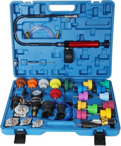 جهاز اختبار ضغط الرادياتير العالمي وقطع جهاز اختبار ضغط الرادياتير صندوق أدوات محمول باللونين الأزرق والأحمر، يتوفر نوعان (34 قطعة) in Kuwait