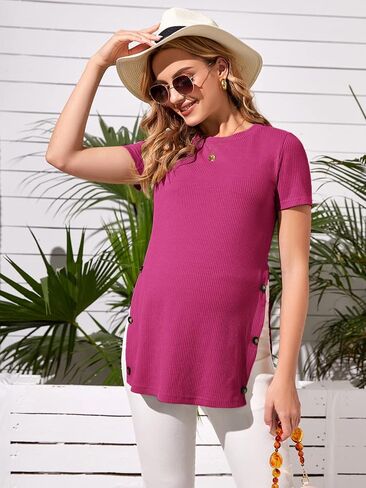MakeMeChic Women's Maternity Shirt Ribbed Knit Button Side Short Sleeve Pregnancy Top in Saudi Arabia