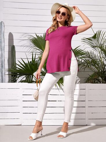 MakeMeChic Women's Maternity Shirt Ribbed Knit Button Side Short Sleeve Pregnancy Top in Saudi Arabia