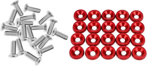 QWORK Red Aluminum Alloy Fender Washer and Stainless Steel Bolt Set - M6x20MM 20-Piece- CNC Billet Anodized Finish Ideal for Vehicles’ Fenders, Bumpers, and Engine Bay in Saudi Arabia