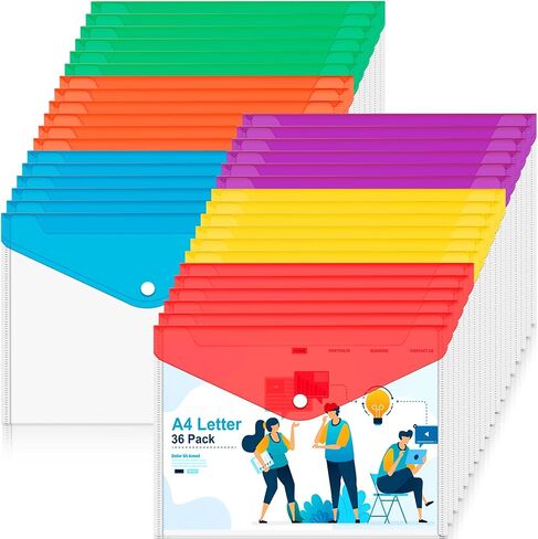 36pcs Plastic Envelopes for Documents,A4+ Clear Plastic Envelopes with Snap Closure,Letter Size A4 File Envelopes,Colorful Flaps Clear Document Pouch,Plastic File Folders for Office,School,Home in Saudi Arabia