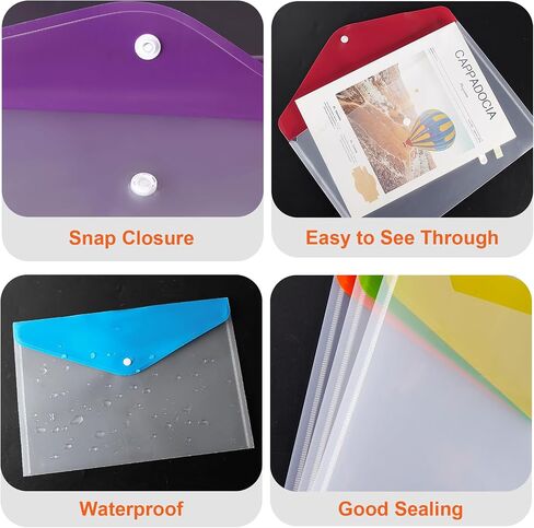 36pcs Plastic Envelopes for Documents,A4+ Clear Plastic Envelopes with Snap Closure,Letter Size A4 File Envelopes,Colorful Flaps Clear Document Pouch,Plastic File Folders for Office,School,Home in Saudi Arabia