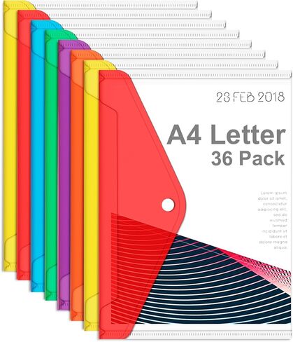 36pcs Plastic Envelopes for Documents,A4+ Clear Plastic Envelopes with Snap Closure,Letter Size A4 File Envelopes,Colorful Flaps Clear Document Pouch,Plastic File Folders for Office,School,Home in Saudi Arabia