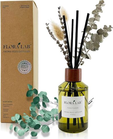 Scented Diffuser Set with Sticks and Real Dried Flowers, 6.7oz (200ml) Eucalyptus & Rosemary, Long-Lasting Fragrance, Natural Design, Perfect for Home & Bathroom, Shelf Decor, Ideal Gift in Saudi Arabia