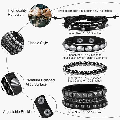 4Pcs Punk Bracelets for Men Women Leather Spike Bracelet Metal Cuff Bracelet Set Emo Bracelet Adjustable Rock Bracelet in Saudi Arabia