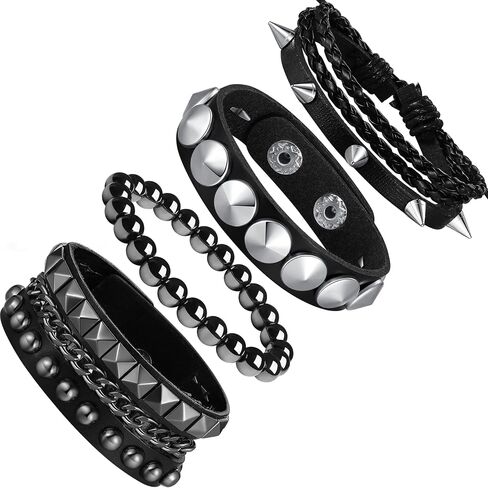 4Pcs Punk Bracelets for Men Women Leather Spike Bracelet Metal Cuff Bracelet Set Emo Bracelet Adjustable Rock Bracelet in Saudi Arabia