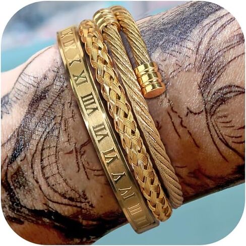 SAILIMUE Gold Bracelets for Men Women - Stainless Steel Roman Numeral Bangle Bracelet Silver Adjustable Cuff Bracelet Mens Twisted Cable Bracelet 3Pcs Luxury Bracelets Jewelry Gifts… in Saudi Arabia