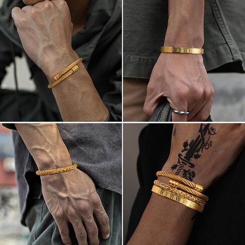 SAILIMUE Gold Bracelets for Men Women - Stainless Steel Roman Numeral Bangle Bracelet Silver Adjustable Cuff Bracelet Mens Twisted Cable Bracelet 3Pcs Luxury Bracelets Jewelry Gifts… in Saudi Arabia