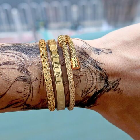 SAILIMUE Gold Bracelets for Men Women - Stainless Steel Roman Numeral Bangle Bracelet Silver Adjustable Cuff Bracelet Mens Twisted Cable Bracelet 3Pcs Luxury Bracelets Jewelry Gifts… in Saudi Arabia