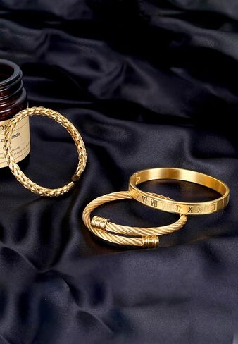 SAILIMUE Gold Bracelets for Men Women - Stainless Steel Roman Numeral Bangle Bracelet Silver Adjustable Cuff Bracelet Mens Twisted Cable Bracelet 3Pcs Luxury Bracelets Jewelry Gifts… in Saudi Arabia