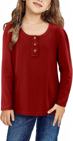 storeofbaby Girls Long Sleeve Shirts Casual Crew Neck Tops Solid Button Blouses 5-14 Years in Kuwait
