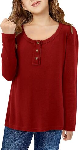 storeofbaby Girls Long Sleeve Shirts Casual Crew Neck Tops Solid Button Blouses 5-14 Years in Kuwait
