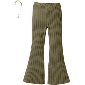 WDIRARA Girl's Ribbed Flare Leg High Waisted Elastic Waist Cute Simple Pants